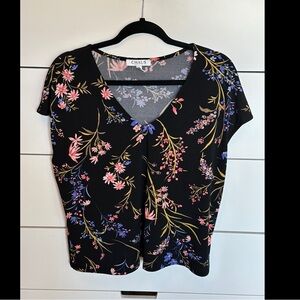 Chaus Blue and Pink Floral Blouse Short Sleeve Top